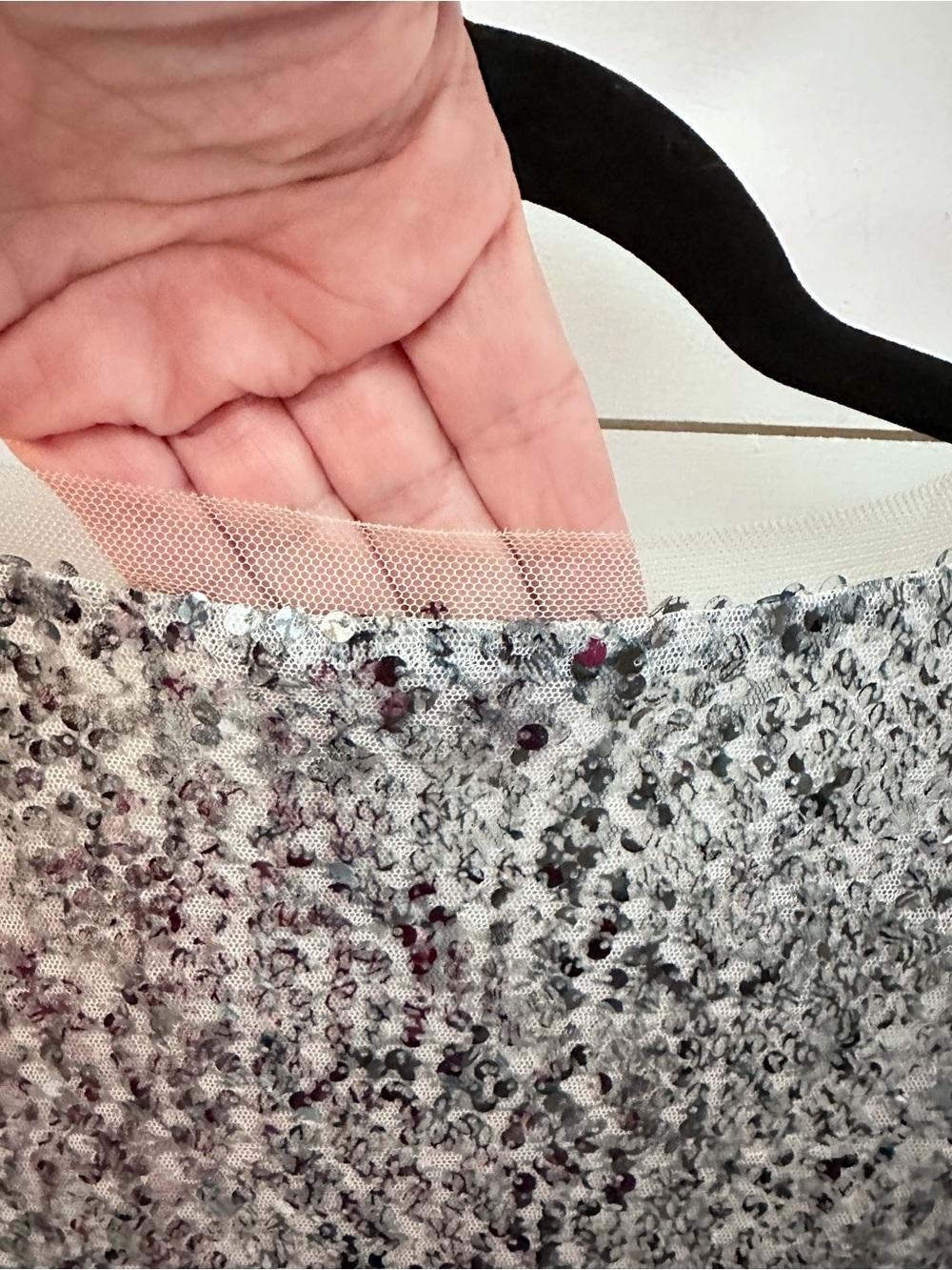 Kische M silver sparkle sequin 3/4 sleeve mesh trim luxe Y2K statement Top - Picture 6 of 10